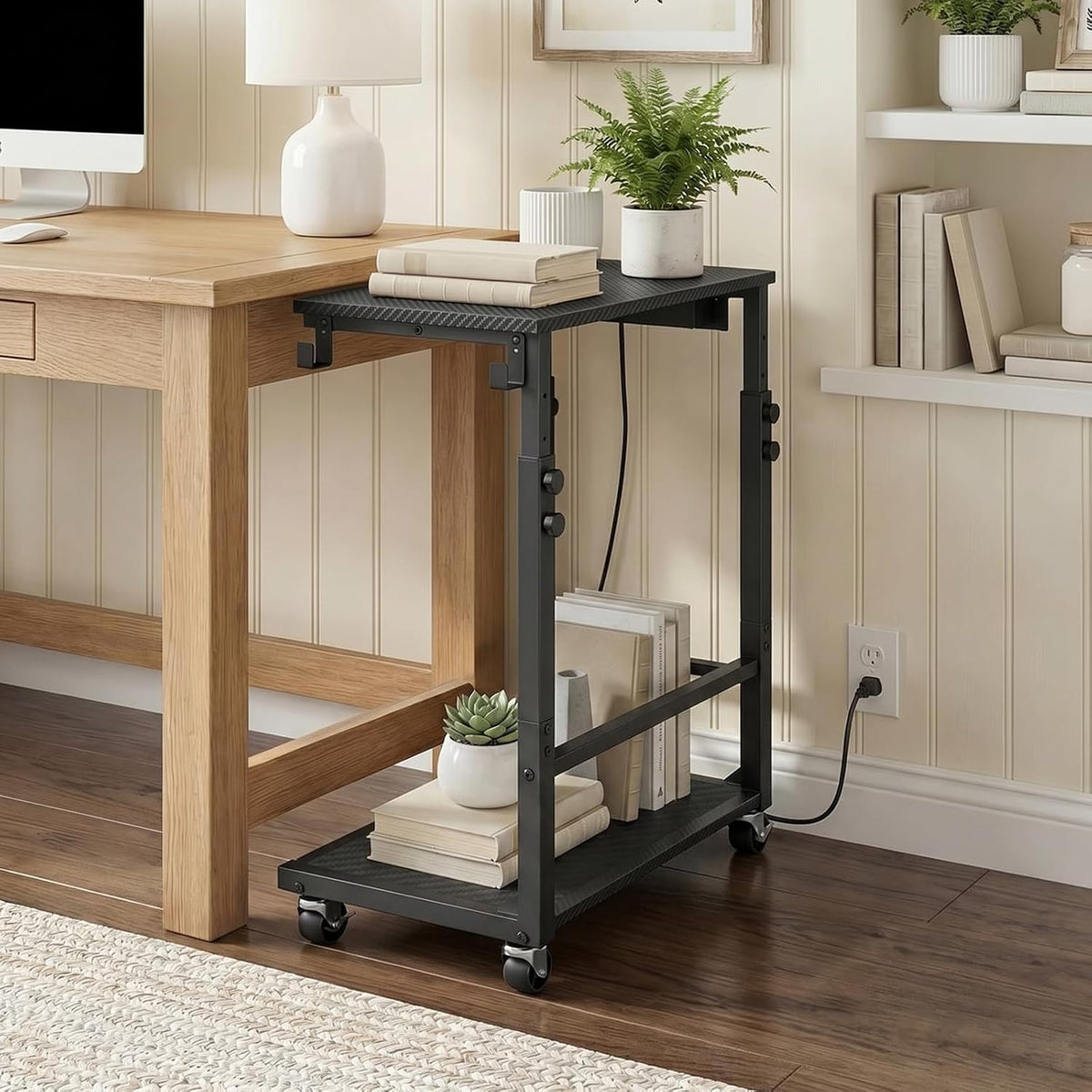 MAHANCRIS Side Table with Charging and Hooks, Rolling Couch Table, Black - Image 2