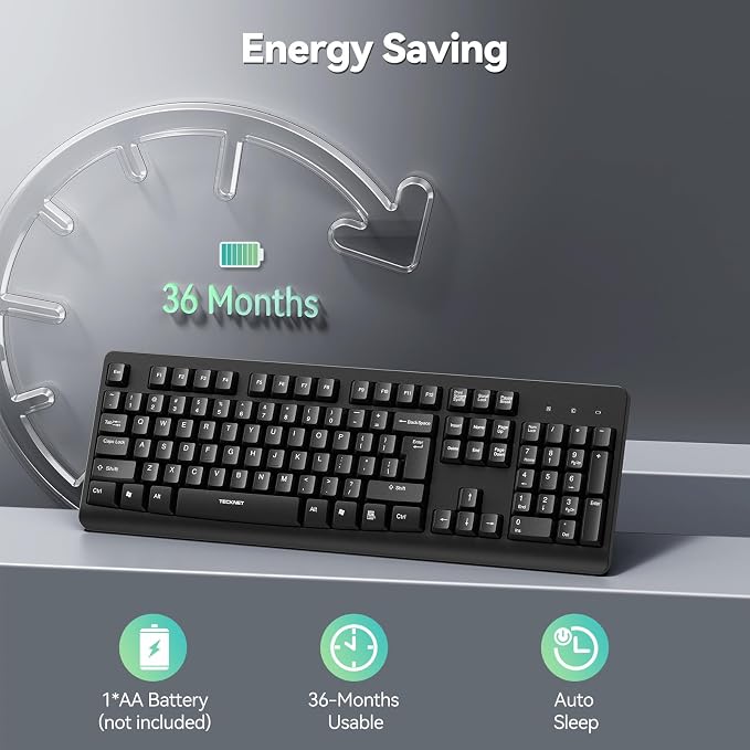 TECKNET Wireless Keyboard, 2.4G Silent Full-Size Keyboard with Number Pad | Ergonomic Keys & Adjustable Feet, Compatible with Laptop, PC, Desktop, Notebook, Windows 11/10/8/7 –Black - Image 2