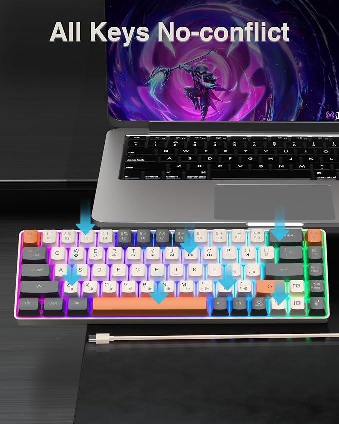 CORBOBO 60 Percent Keyboard,RGB Backlit Gaming Keyboard USB-C Wired,Portable 68 Keys Compact Mini Keyboards for Business Trips,Office,PC Games (SK968,Grey&Orange) - Image 6