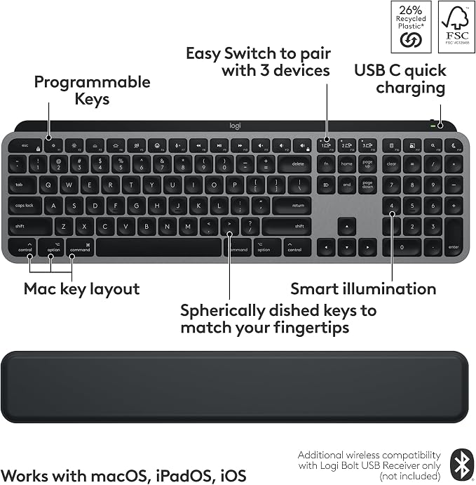 Logitech MX Keys S Combo Mac Wireless Keyboard and Mouse - Space Grey | Includes palm rest, Backlit keyboard, Fast scroll, Bluetooth, USB-C, For MacBook Pro, MacBook Air, iMac, iPad - Image 11