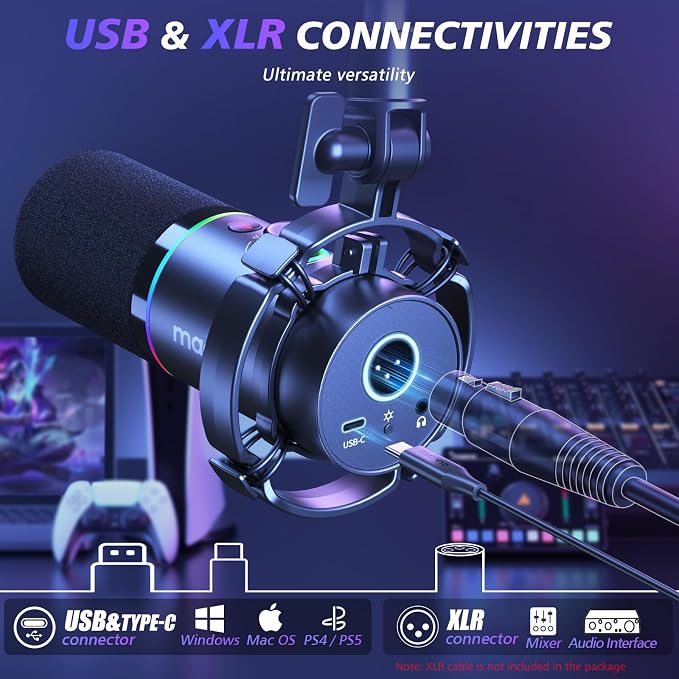 MAONO PD200XS XLR/USB Dynamic Microphone Kit, RGB Gaming Mic with Software | PC Mic with Mute, Gain Knob, Volume Control, Boom Arm for Streaming, Gaming, Podcasting, Voice-Over, Recording - Image 2