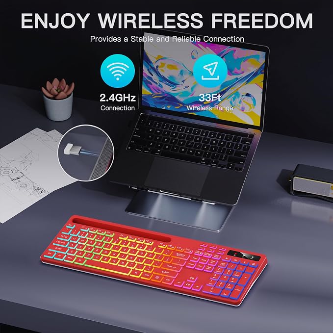 Soueto Wireless Keyboard with 7-Color RGB Backlit, Full-Size Computer Keyboard with Phone Tablet Holder, 2.4G Rechargeable Gaming Keyboard with Light Up Keys, Compatible with Mac, Windows (Red) - Image 7