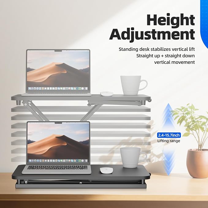 Standing Desk Converter Height Adjustable, Sit to Stand up Desk Riser Computer Workstation use in Laptop and Single Monitor Ergonomic Desktop Workstation for Home Office - Black - Image 4