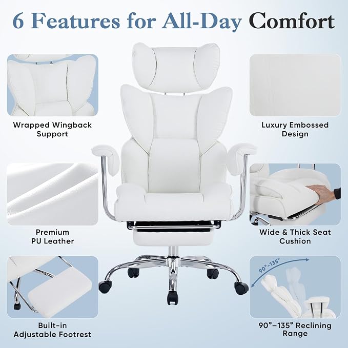 DUMOS Big and Tall Home Office Desk Chair, Executive Chair with Footrest | Scratch-Resistant PU Leather, Ergonomic Reclining, Pocket Spring Support, 400 LBS Weight Capacity, White - Image 5