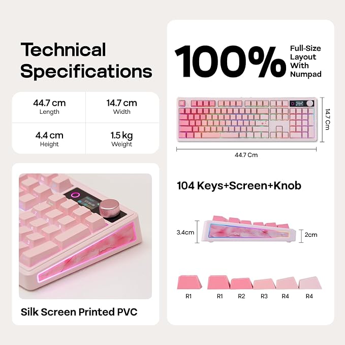 EPOMAKER TH108 V2 PRO Full Size Mechanical Keyboard with Screen&Knob | 10000mAh, BT/2.4Ghz, Mac Modifier PBT Keycap, RGB, Gasket, Wireless Gaming Keyboard for Mac/PC (Pink, Creamy Jade) - Image 8