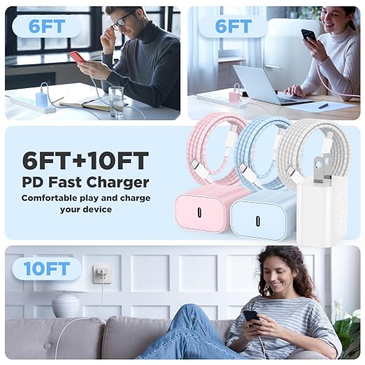 20W USB C Fast Charging for iPhone 17 Air/16/15 Pro Max,3Pack Colorful Mixed Charger Block with Braided Long USB C to C Cables (6/6/10ft) Compatible with iPhone16/15 Pro/15 Plus/iPad Pro - Image 6
