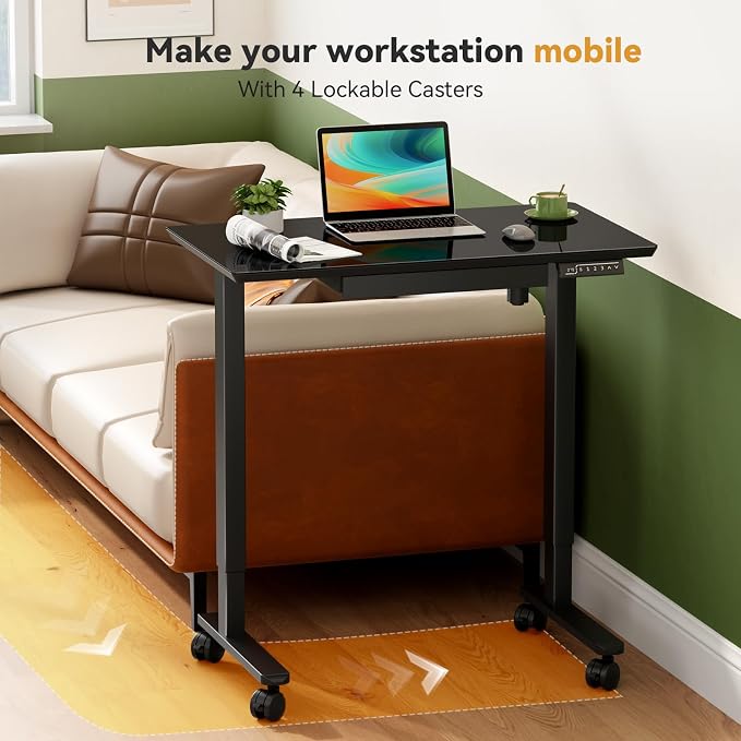35” Black Glass Standing Desk Height Adjustable with Drawer | Electric One-Piece Rising Whiteboard Table on Lockable Wheels, Mobile Small Rolling Laptop Cart for Work, Drawing, Crafting - Image 8