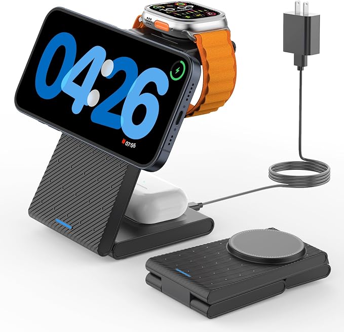 GEEKERA 3 in 1 Wireless Charging Station for Magsafe, Foldable Magnetic Wireless Charger Stand for Multiple Devices, Wireless Charger for iPhone 17 16-12 Series, Apple Watch 11-2, AirPods 4/3/2/Pro by GEEKERA