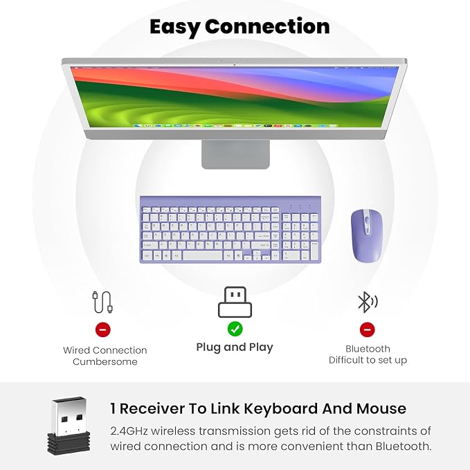 cimetech Wireless Keyboard and Mouse Combo - Purple White | Compact quite scissor-switch keyboard with optical mouse, includes USB-A Nano Receiver, for Computer,Mac,Laptop,PC,Windows - Image 8