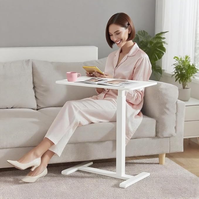 Mobile Small Standing Desk with Hidden Wheels, Pneumatic Laptop Desk, Rolling Computer Cart Movable, Portable Rolling Computer Sit Stand Side Table for Couch, Home, Office, White - Image 2