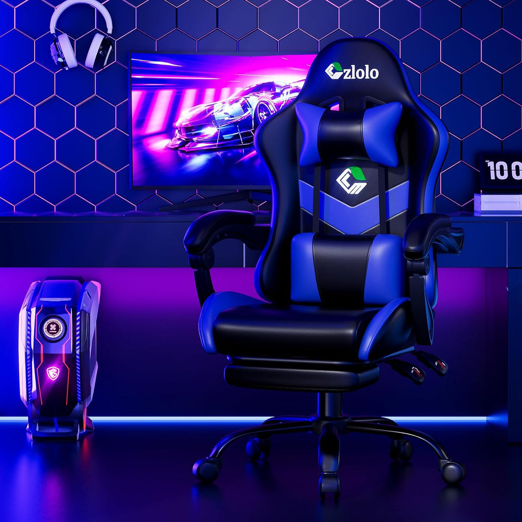 Gaming Chair with Footrest Racing Style Lumbar Support Massager Video Game Chair with Metal Legs, High Back Gamer Chair with Headrest, 360° Swivel Office Computer Desk Chair, Navy Blue - Image 9
