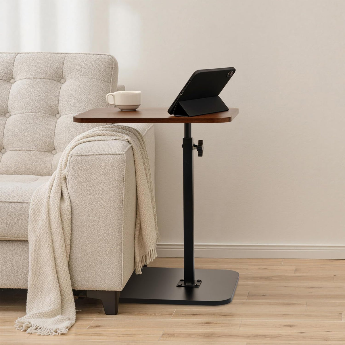 C-Shaped Side Table, 360° Swivel Height Adjustable, Lightweight Portable TV Tray Snack End Table for Couch Sofa Bed Small Spaces-Walnut - Image 2