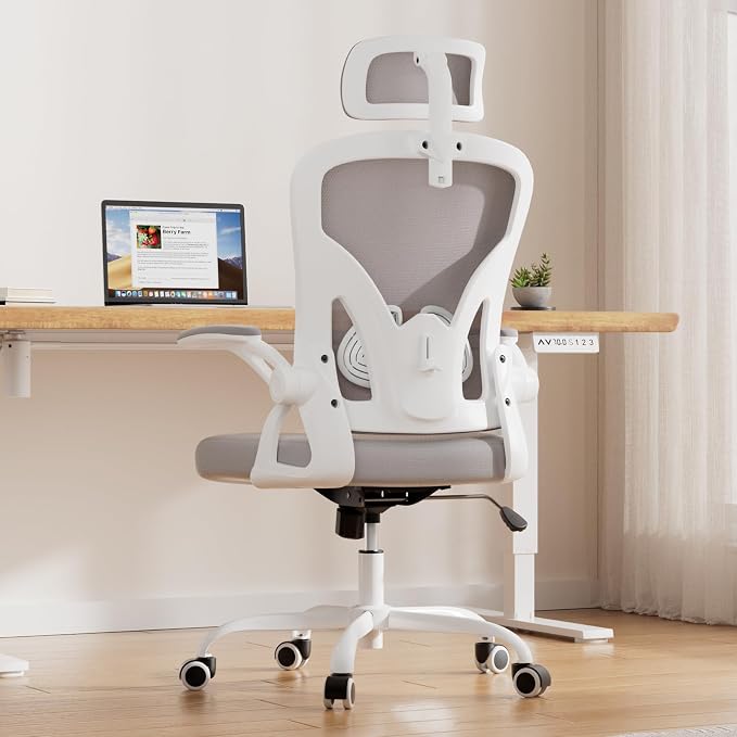 Farini Ergonomic Office Chairs with Headrest, Set of 4, White & Grey | High Back Swivel Computer Chair, Adjustable Armrests and Lumbar Support,Desk Chair for Home Office Bedroom - Image 2