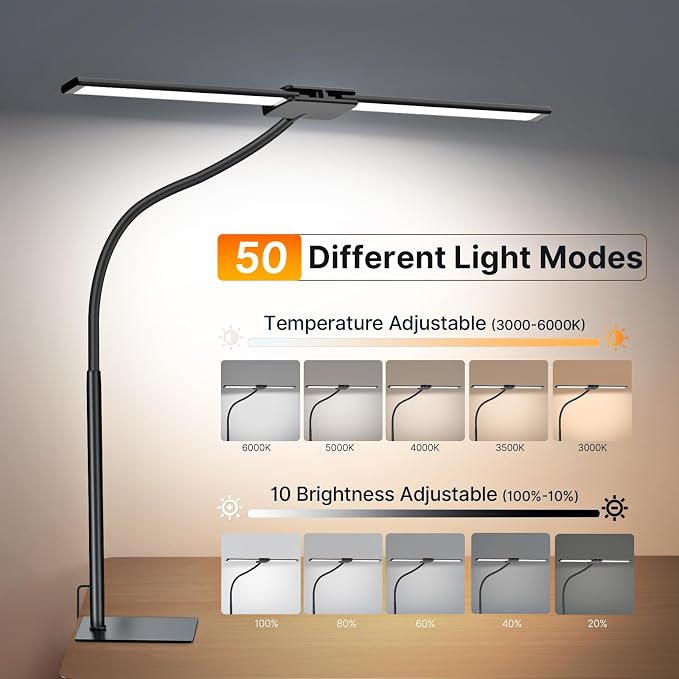 Syrinx LED Desk Lamp for Home Office, 18W 2000LM Stepless Dimming Light | Focused & Wide-Area Dual-Light, 360° Gooseneck, 5 Color Temp & 10 Brightness, Flicker-Free Eye-Caring Light for Study & Craft - Image 2