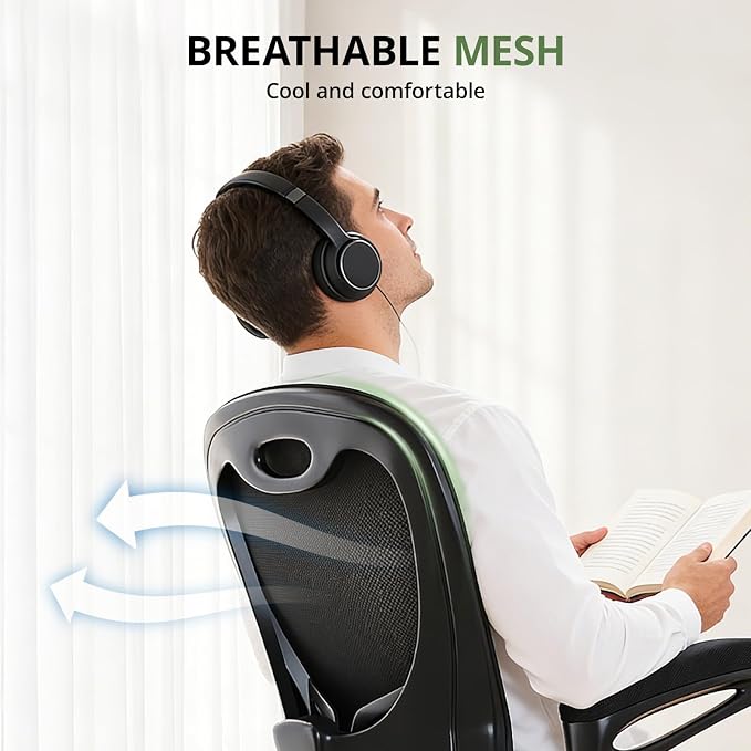 Office Chair 330 lbs Capacity, Ergonomic Breathable Mesh Desk Chair with Lumbar Support & Flip-Up Armrest, High Back Computer Chair for Home Office, Black - Image 4