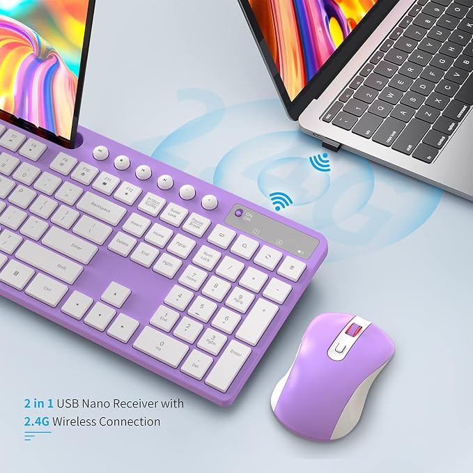 Wireless Keyboard and Mouse Combo, MARVO 2.4G Ergonomic Wireless Computer Keyboard with Phone Tablet Holder, Silent Mouse with 6 Button, Compatible with MacBook, Windows (Purple) - Image 5