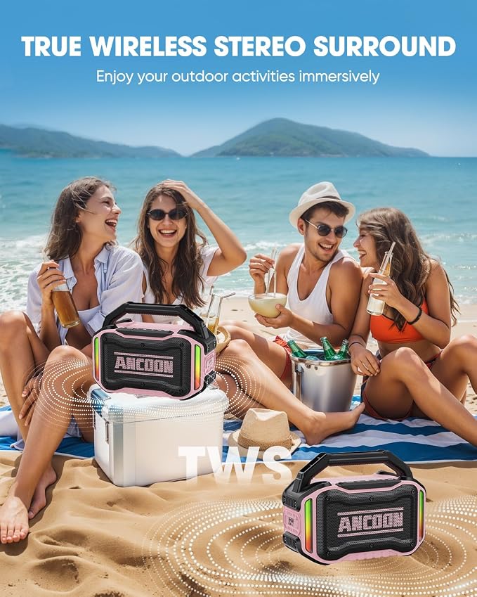 ANCOON Speakers Bluetooth Wireless: 80W(Peak) Loud Speaker with Bass, 20H Playtime, IPX6 Waterproof, Large Jobsite Speakers for Work, Outdoor, Workshop, Garage, Portable Speaker with TWS (Pink) - Image 5