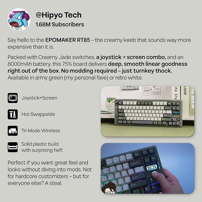 EPOMAKER RT85 Wireless Mechanical Keyboard with Joystick & DIY Screen | 8000mAh, BT/USB/2.4Ghz, Gasket, 5-Layer Paddings, Hot-Swap, PBT Keycap, 75% Gaming Keyboard (Retro White, Crystal Switch) - Image 9