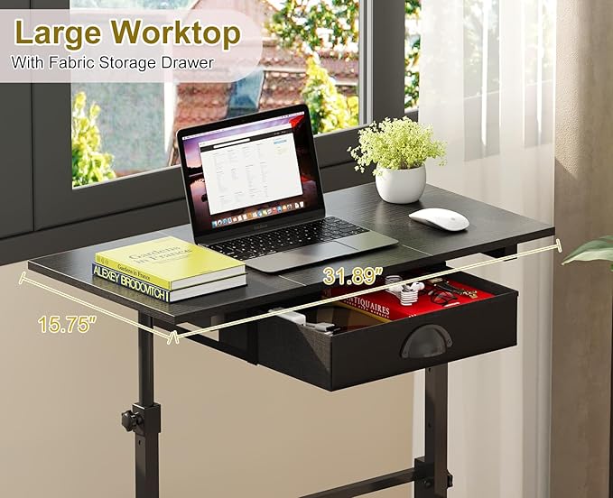 Adjustable Height Standing Desk With Drawer, Rolling Sit Stand Up Desk With Wheels, Small Sit To Stand Computer Desk, Adjustable Desktop Height, On Wheels, Black, For Walking Pad Laptop Treadmill - Image 4