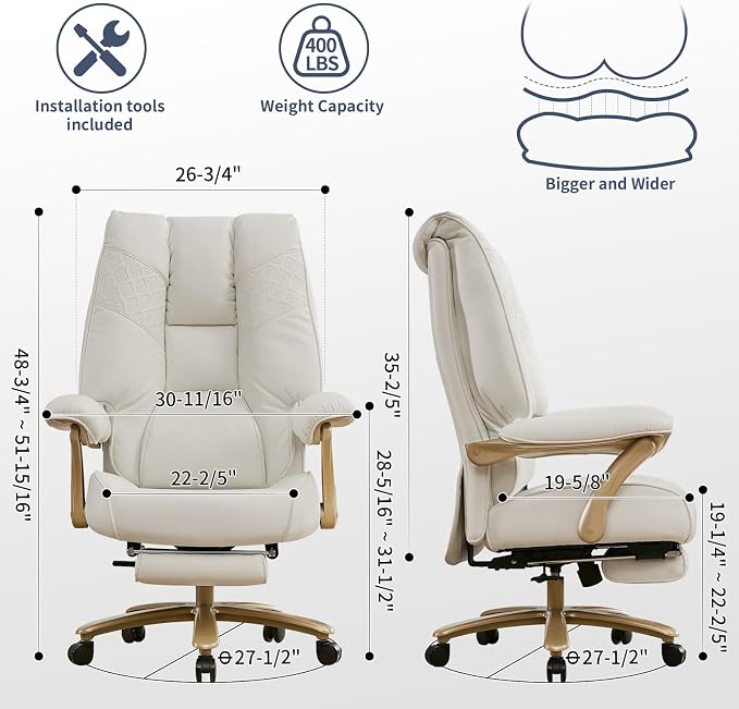 EXCEBET Big and Tall Executive Office Chair with Footrest, 400LBS Capacity Ergonomic High-Back Desk Office Chair with Lumbar Support, Padded Armrests & Thick Cushion, White PU Leather Chairs - Image 2