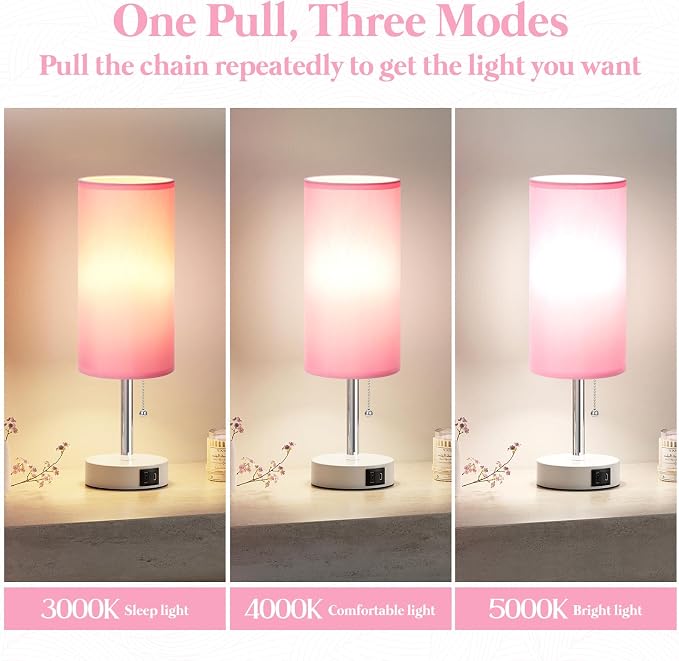 Dicoool Pink Bedside Table Lamp for Girls Bedroom - USB A+C Charging Ports | 3 Color Temperatures, Bulb Included, Pink Fabric Shade, White Metal Base, Cute Pink Room Decor, 14" Desk Lamp for Kids Dorm - Image 3