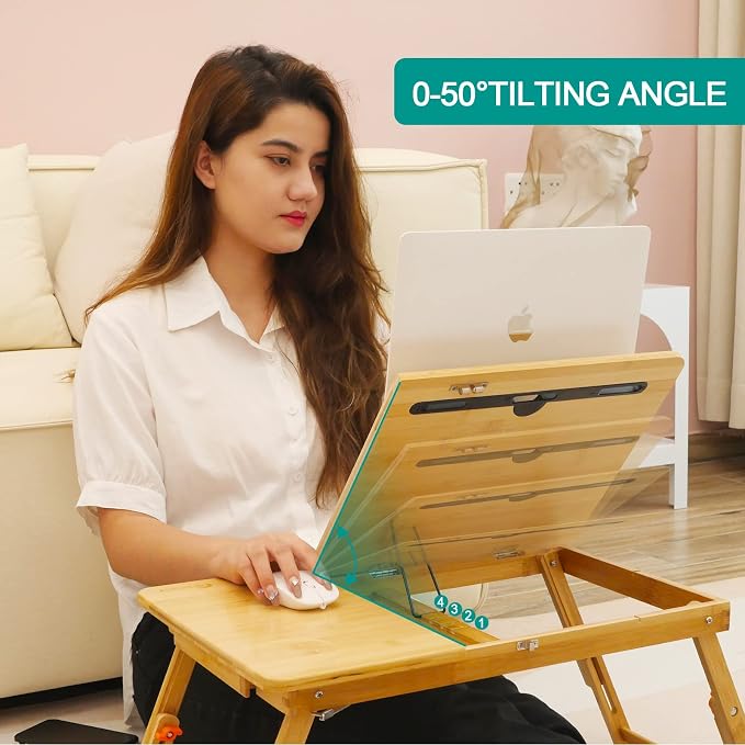 Laptop Desk for Bed, COIWAI Bed Tray,Laptop Lap Desk,Foldable Portable Tray for Sofa Couch Floor, Adjustable Height and Angle, with Tablet Phone Hold Slot,with Storage Drawer - Image 3