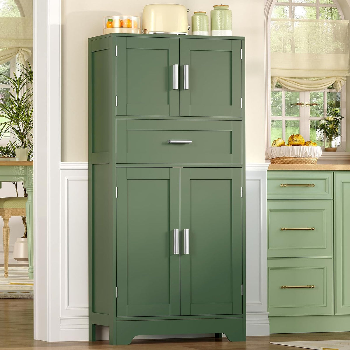 Bathroom Floor Storage Cabinet with Adjustable Shelf, Freestanding Storage Cabinet with 4 Doors, Cupboard for Living Room, Home Office, Entryway, Forest Green - Image 6