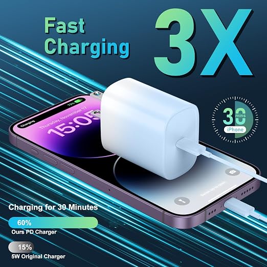 Phone 14 13 12 11 Fast Charger,10FT Long Phone Chargers Fast Charging Lightning Cable with 20W USB C Charger Block for Phone 14/14 Pro Max/13/13Pro Max/12/12Pro Max/11/11Pro/XS/Max/X,Pad,Blue gradient - Image 3