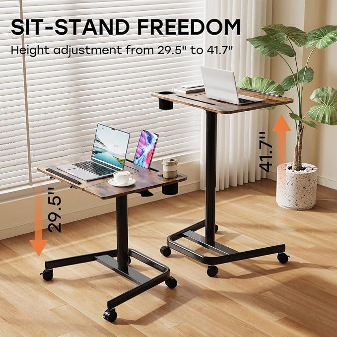 JOY worker Mobile Sit Stand Desk, 60° Tiltable Portable Desk, Rustic Brown | Pneumatic Height Adjustable Cart, Rolling Sit Stand Desk with Wheels & Cup Holder for Office Home School, Holds Up to 22lbs - Image 4