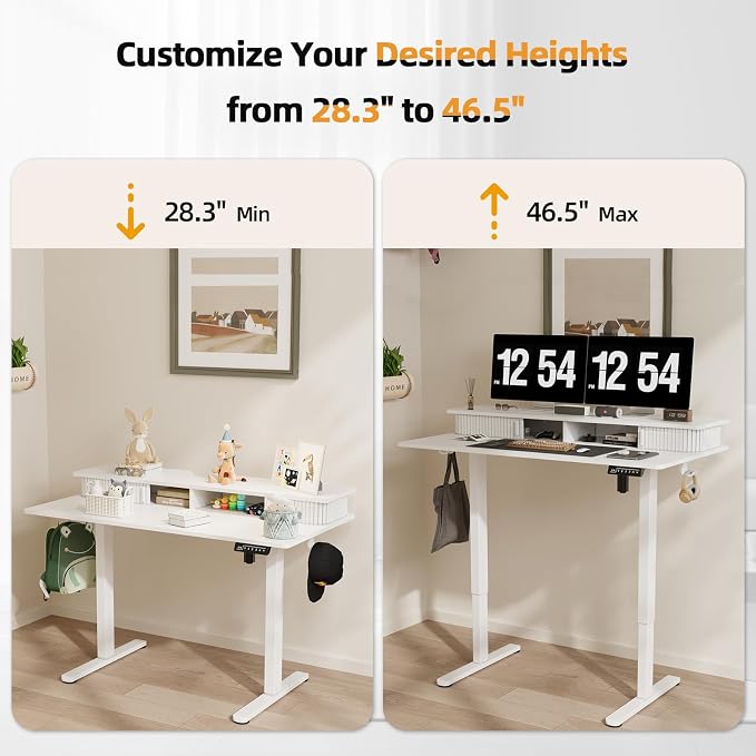 JOY worker 48" Electric Adjustable Standing Desk with Storage Monitor Stand | White Computer Desk Height Adjustable with Storage Shelves, Spacious Woskstation, Sit Stand Desk with 2 Hooks, Home Office - Image 6