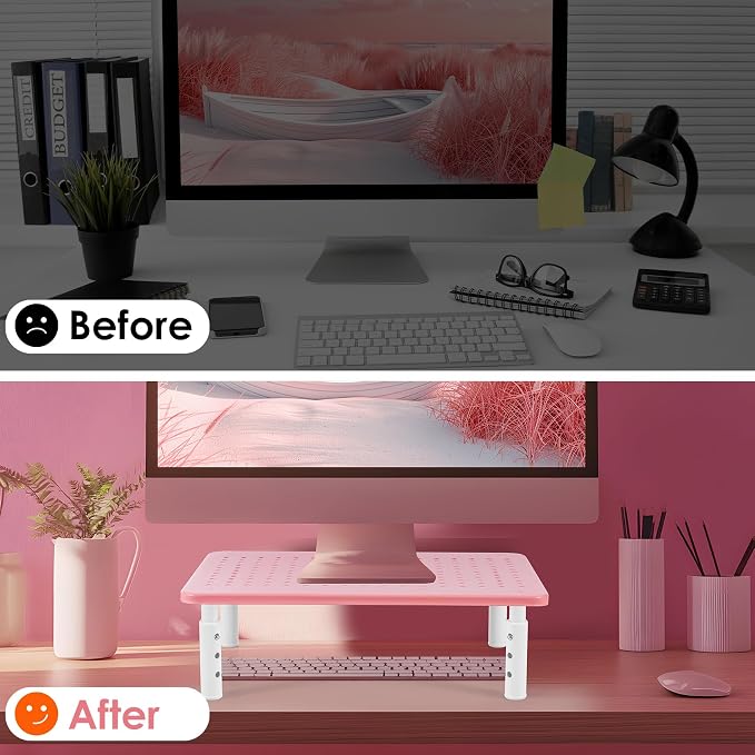 2 Pack Monitor Riser Desktop Stand Flat Screen TV Monitor Stand Pink | 3 Height Adjustable PC Stand with Mesh Platform Sturdy Metal Laptop Computer Monitor Stand Shelf for Printer, iMac - Image 7