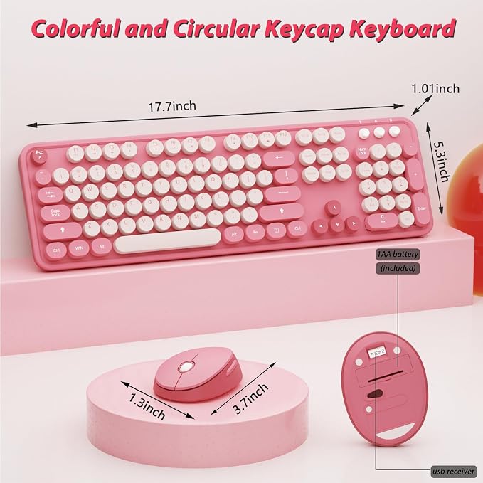 Colorful Wireless Keyboard and Mouse for PC Laptop | Cute Colorful Typewriter Retro Round Keyboard and mouse for PC Laptop - Image 9