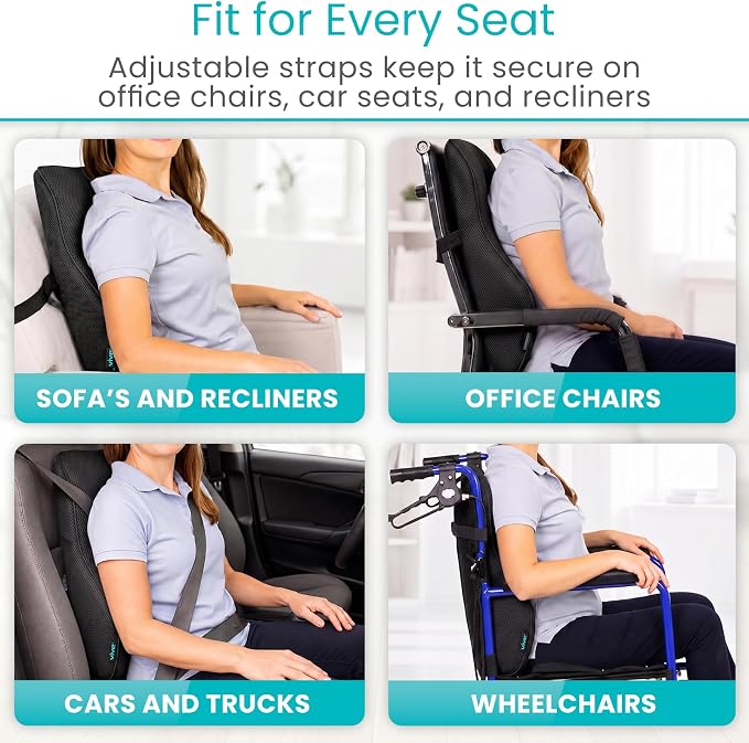Vive Full Lumbar Cushion - Memory Foam Contour Support for Lower Back Pain | Ergonomic Pressure Relief for Office Chair, Car - Large Mesh Orthopedic Seat Backrest Roll for Improving Posture (Black) - Image 7