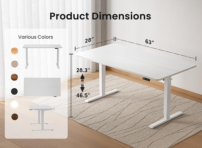 BANTI 63 × 28 Inches Standing Desk, Ergonomic, Electric Height Adjustable, Sit and Stand Up, Computer Office Desk with Splice Board, White Frame/White Top - Image 2