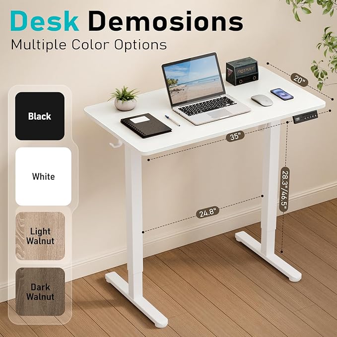 35" Electric Standing Desk, Small Sit Stand up Desk, White | Height Adjustable Computer Desk for Home Office, Compact Work & Gaming Desk with Cable Management and Stable Steel Frame - Image 3