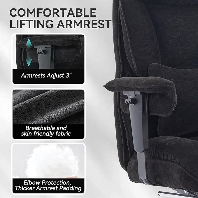 Efomao Executive Office Chair 400lbs, Black Fabric Big and Tall Desk Chair | Breathable fabric, pocket spring & foam seat, retractable footrest, 135° recline for computer gaming setup - Image 5