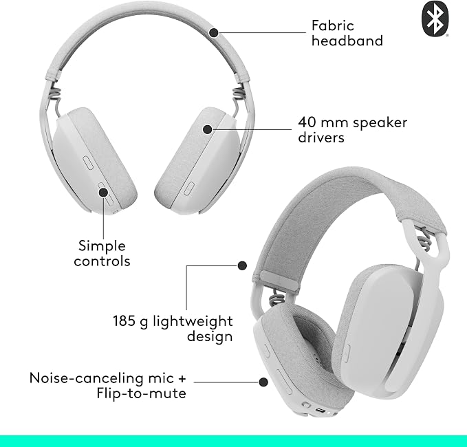 Logitech Zone Vibe 100 Wireless Over Ear Headphones - Off White | Lightweight, over ear, advanced multipoint Bluetooth, works with Teams, Google Meet, Zoom, Mac/PC - Image 8
