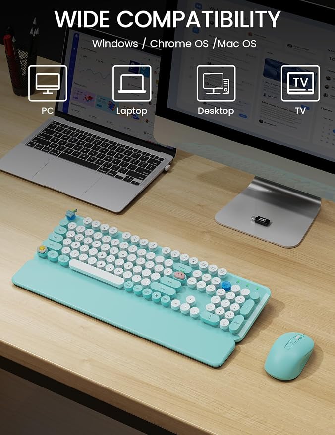 Wireless Keyboard and Mouse Combo, Typewriter Keyboard, Magnetic Wrist Rest | Full-Size, Cute Round Keycaps, Smart Sleep Mode, 2.4GHz Stable Connection for Mac/Windows/PC, Office or Home, Trueque CK24 - Image 7
