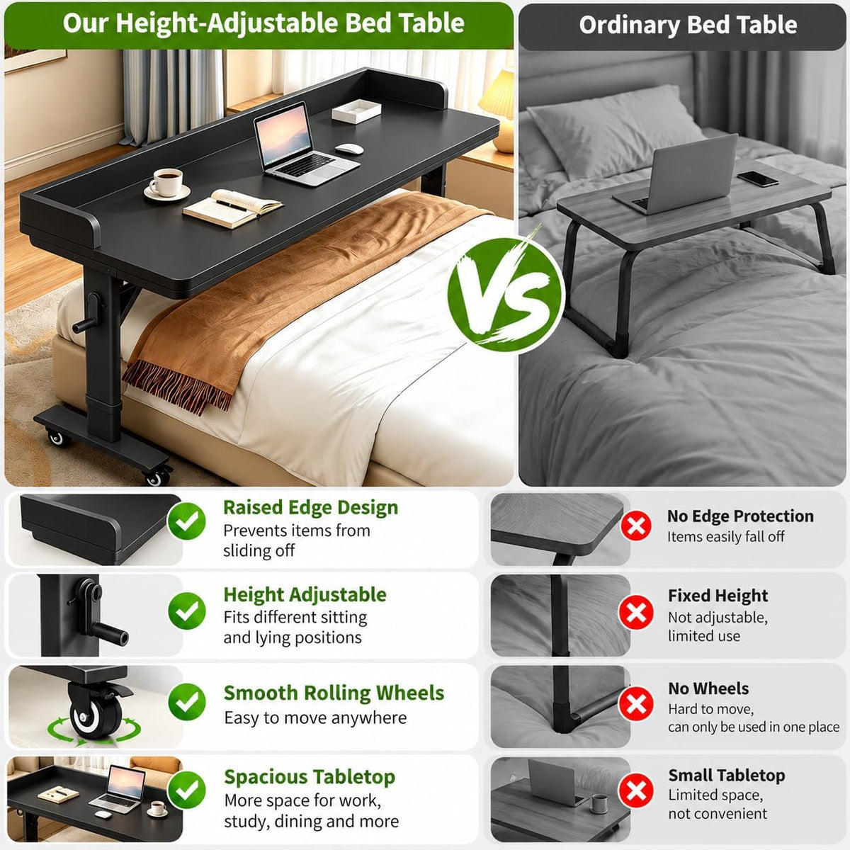 70.9" Overbed Table with Wheels, Hand Crank Height Adjustment - Image 5