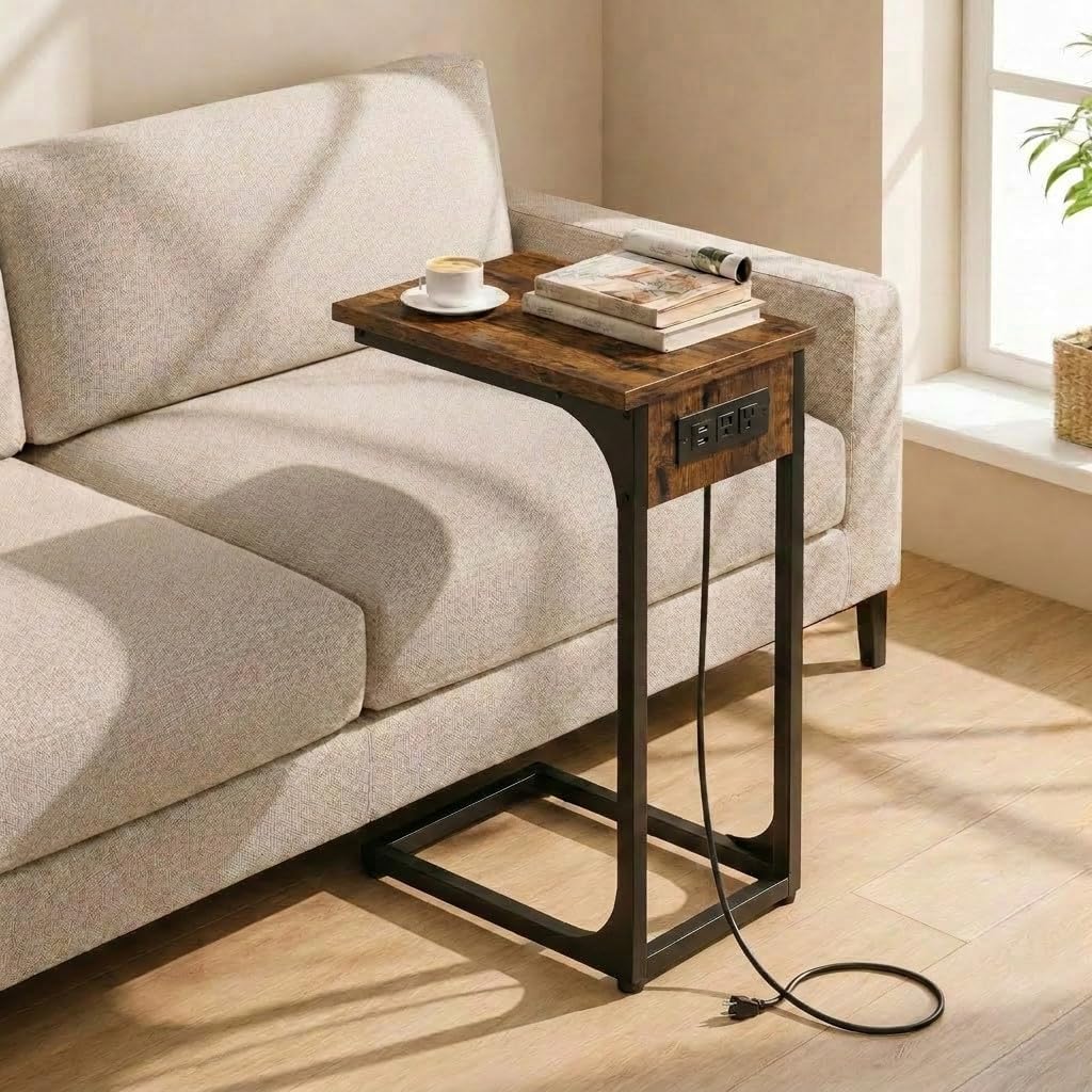 TEMI C Shaped End Table for Couch with Charging Station, Small Side Table TV Tray for Eating or Laptop, Accent Desk for Sofa or Chair, Space Saving Living Room Bedroom, Rustic Brown by TEMI