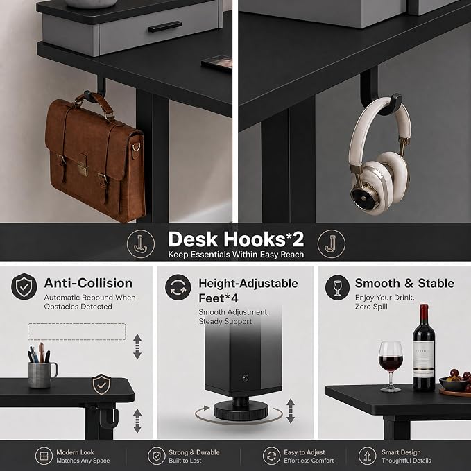 Grandder Electric Standing Desk with Two Drawers, Curved Sit to Stand Up Height Adjustable Desk with Storage Shelf for Home Office, 55 * 26 Inch, Study, Ergonomic Adjustable Computer Desk, Black - Image 6
