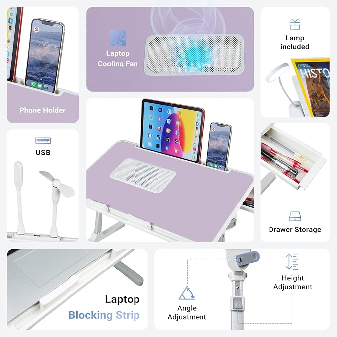 Adjustable Laptop Lap Desk with Cooling Fan USB Light for Adults 56x32cm,Purple - Image 4