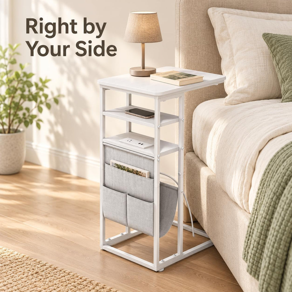 C Shaped End Table with Charging Station, 28"(H) 3-Tier C Table with Storage Bag, Under Couch Table C-Shaped End Table with Storage Shelves and Bag for Living Room, Bedroom, or Office - Image 6