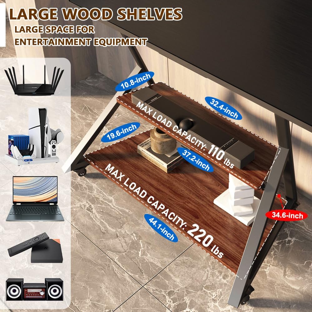 Rolling TV Stand with 2-Tier Wood Shelf for 52-100 Inch TV - Image 4