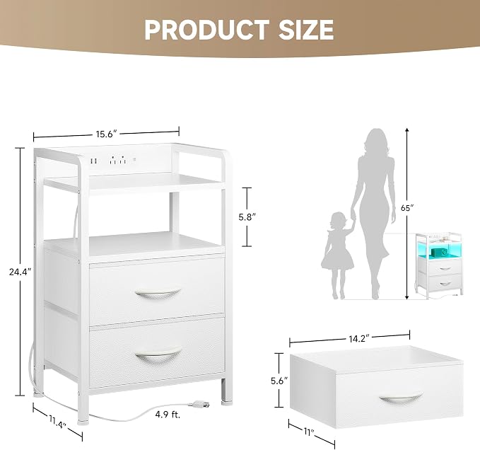Lazzanto Nightstand with Rear Charging Station, LED Light, 2 Drawers, White | Industrial Nightstand, 2 USB-A Ports & AC Outlets, Raised Back Guard, Fabric Storage Drawers, Bedside Table for Bedroom, Dorm - Image 3