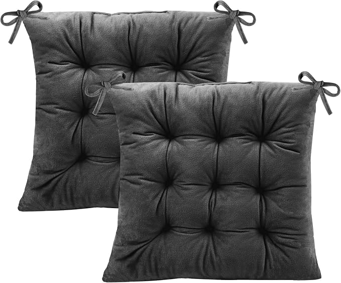 2 Pack Square Seat Cushion Chair Pads for Kitchen Dining Chairs, Soft Comfort Velvet Chair Mat Pillow Cushions with Ties for Office Desk Living Room Tatami 15.5", Dark Gray by MissSoul