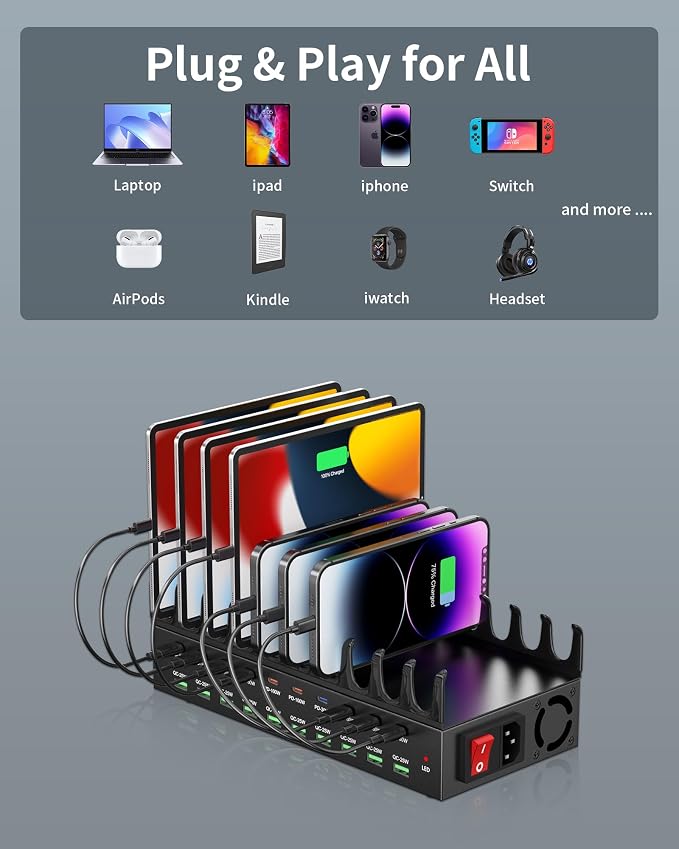 20-Port 690W Charging Station for Multiple Devices, Fast Charger Station | with Dual 100W PD PPS Port, Multi Device USB C Fast Charger Dock for MacBook Pro Laptop, iPhone, iPad, Tablet, Cell Phone - Image 6