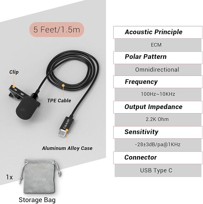 USB C Microphone, Type C Lavalier MIC, External Lapel Clip MIC for iPhone 16/15 Pro Max, iPad Pro 13/12.9/11, iPad Air 13/5th/4th, Samsung S25/S24/S23/S22 Z Fold/Flip 6/5/4 Tab S10/S9/S8, 5 FT - Image 6