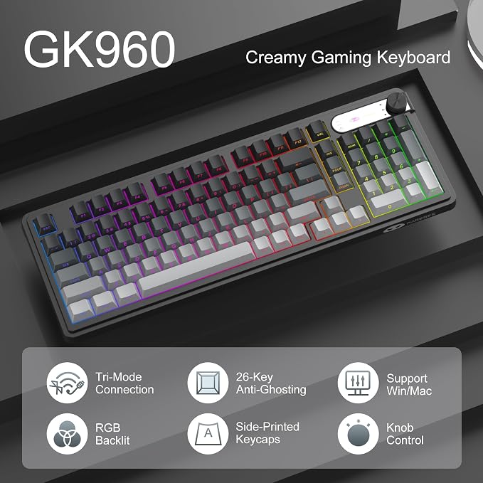 MageGee GK960 Wireless Keyboard, 98 Keys Tri-Mode BT/2.4G/Wired Membrane Gaming Keyboard, RGB Creamy Keyboard with Number Pad, Knob Control, Side Printed Keycaps, 4000mAh Battery - Black & Gray - Image 2