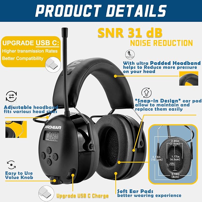PROHEAR 033 2Pack Upgraded Bluetooth 5.4 Hearing Protection AM FM Radio Headphones, Noise Reduction Safety Earmuffs with Rechargeable 1500 mAH Battery, Ear Protector for Mowing Lawn Work, Black+Green - Image 6